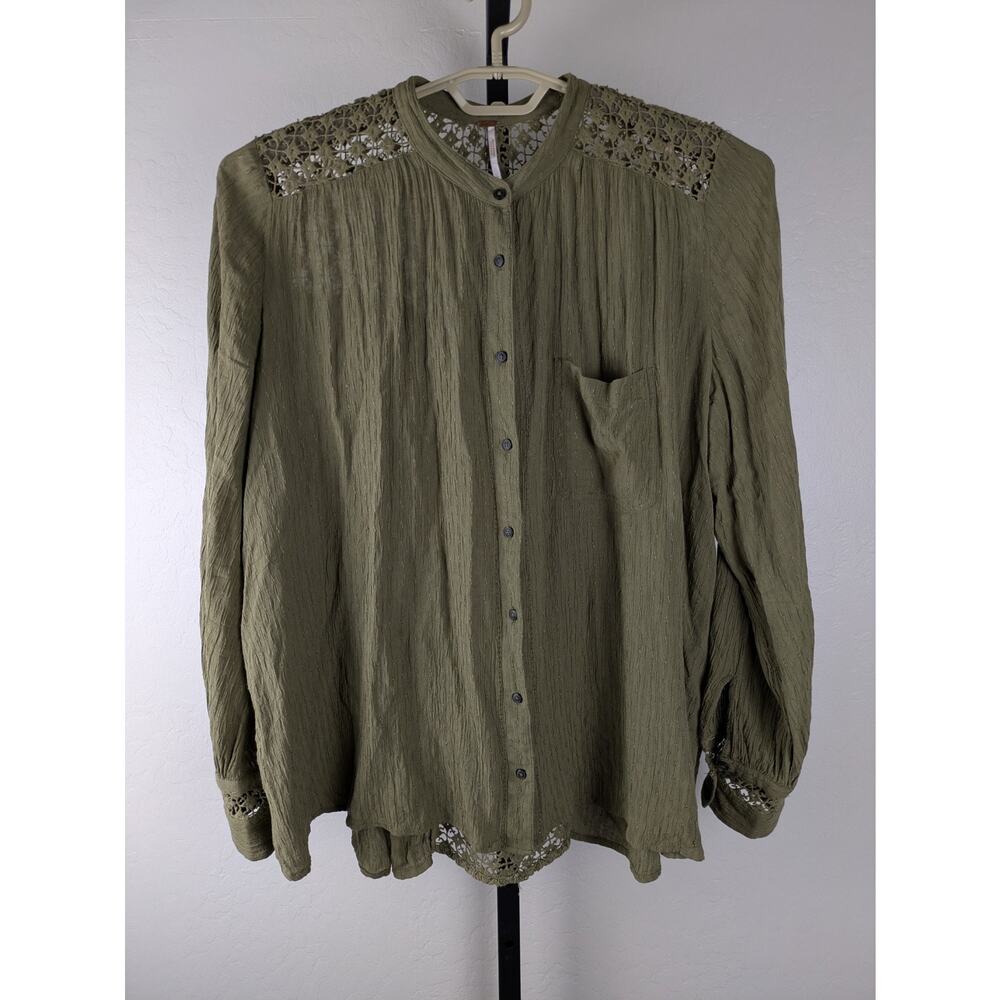 Free People The Best Crochet Button Down Shirt oversized Olive Green - Picture 2 of 8